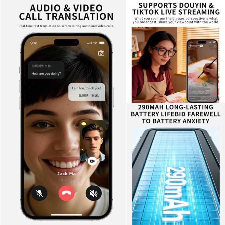 Smart glasses feature panel showing translation calls, live streaming, and battery information