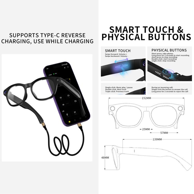Smart glasses feature panel showing USB-C charging, touch controls, physical buttons, and frame measurements
