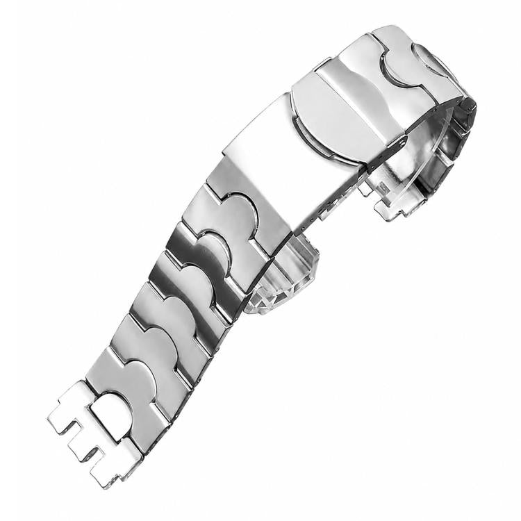 Silver stainless steel watch band with curved interlocking links and a folding clasp
