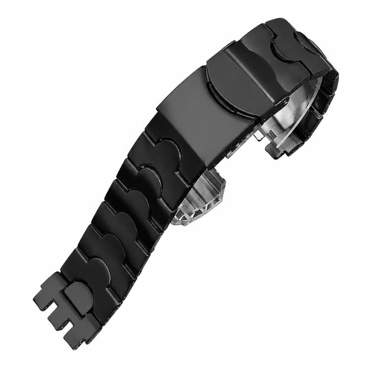 Black stainless steel watch band with curved interlocking links and a folding clasp