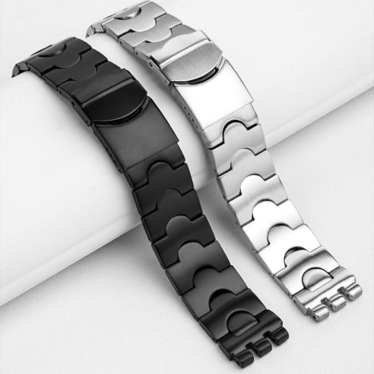 Black and silver stainless steel watch bands with curved links and folding clasps