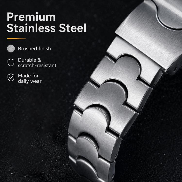 Close-up of brushed silver steel watch band links with a curved design