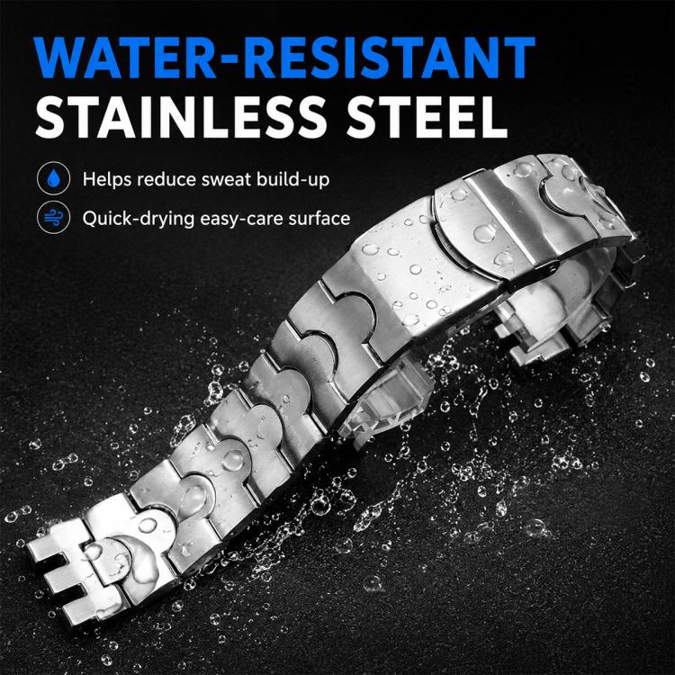 Silver stainless steel watch band with water droplets on its linked surface