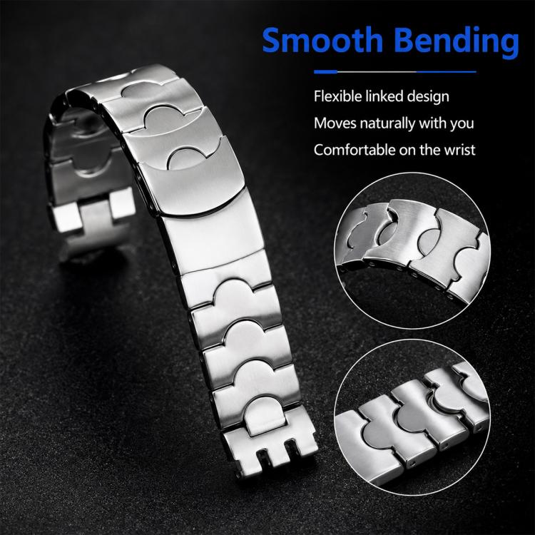 Flexible silver steel watch band with curved links and a folding clasp