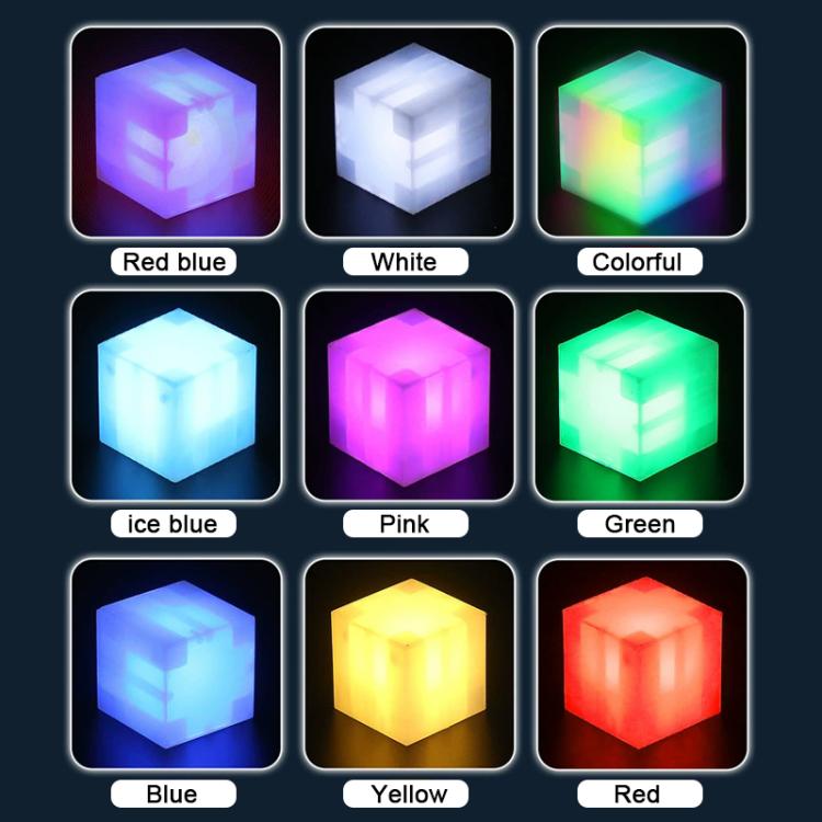 LED magnetic cube color options showing red, blue, white, ice blue, pink, green, yellow