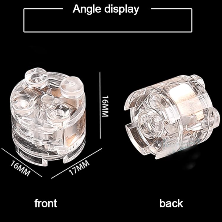 Clear round LED building block lamp, front and back views with size markings