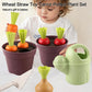 Pretend potted vegetable set: brown pots, carrots, radishes, light green watering can, shovel