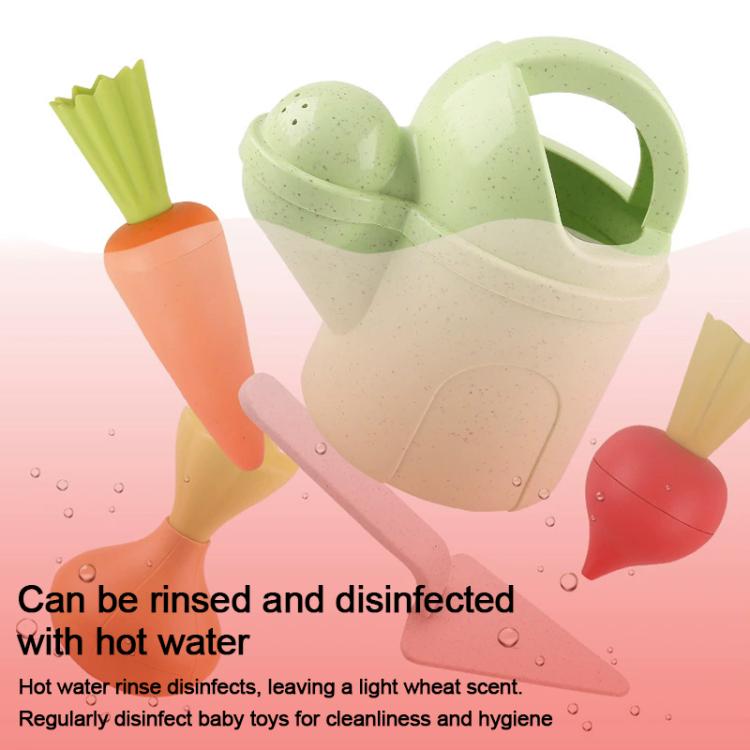 Light green wheat-straw watering can with orange carrot, red radish, and white shovel