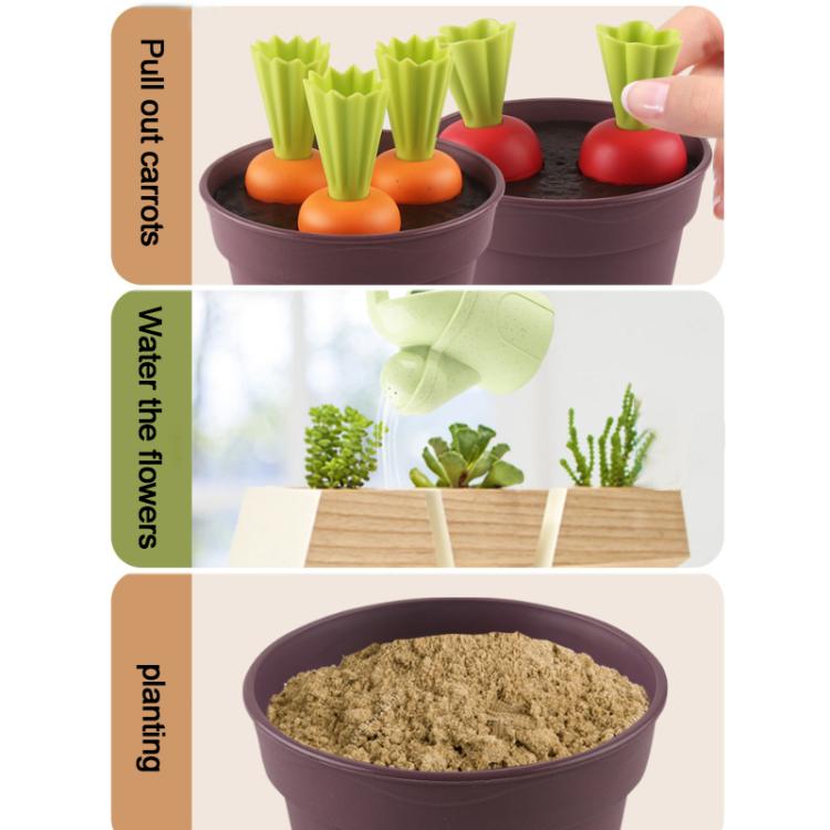 Pretend potted plant set contents: brown pots with green stems, orange carrots, red radishes