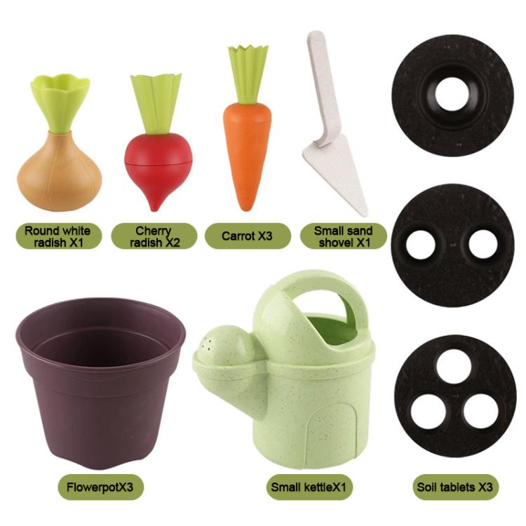 Pretend plant set pieces: purple flowerpots, light green watering can, soil tablets, white tools