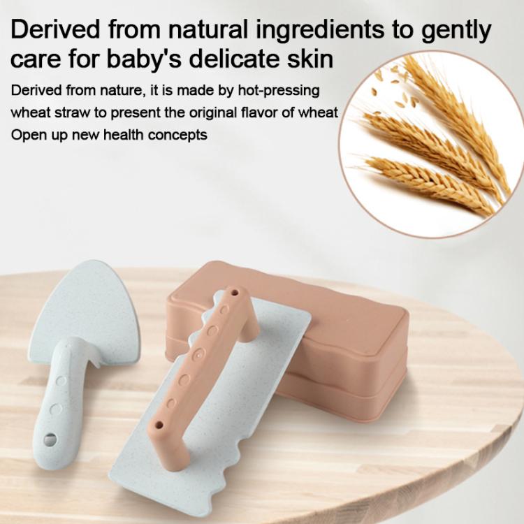 Children’s beach shovel and brick mold set in light-gray and peach, with wheat inset