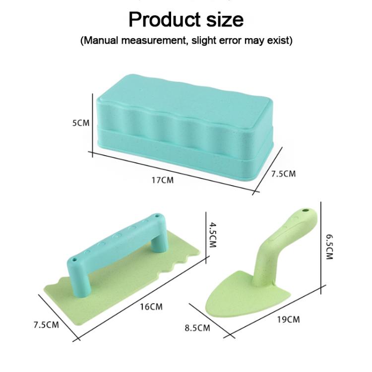 Turquoise brick mold and green shovel toy size diagram with dimensions
