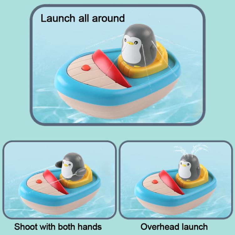 Penguin boat bath toy showing launch positions with red water-spraying hands