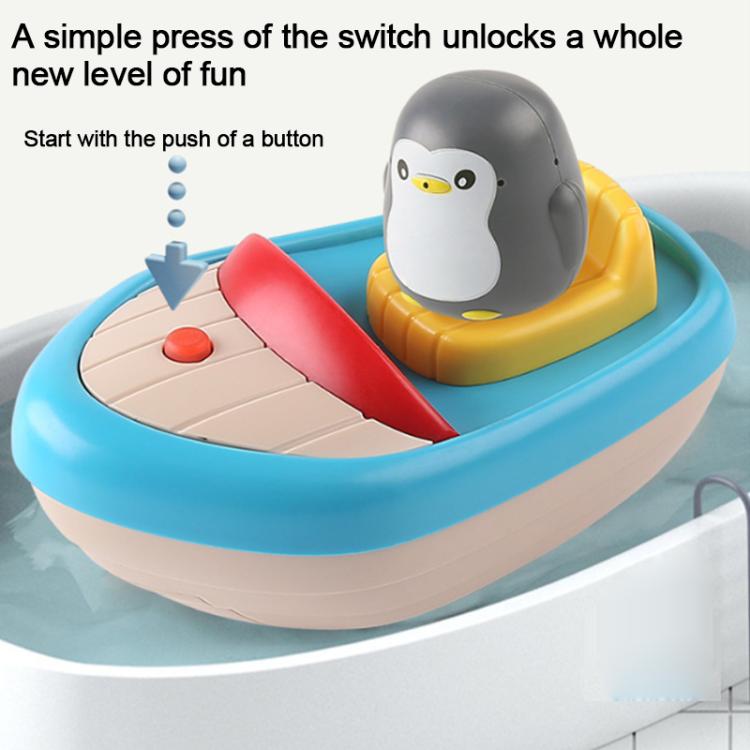 Penguin boat bath toy with grey penguin, red sprayer, and push-button switch