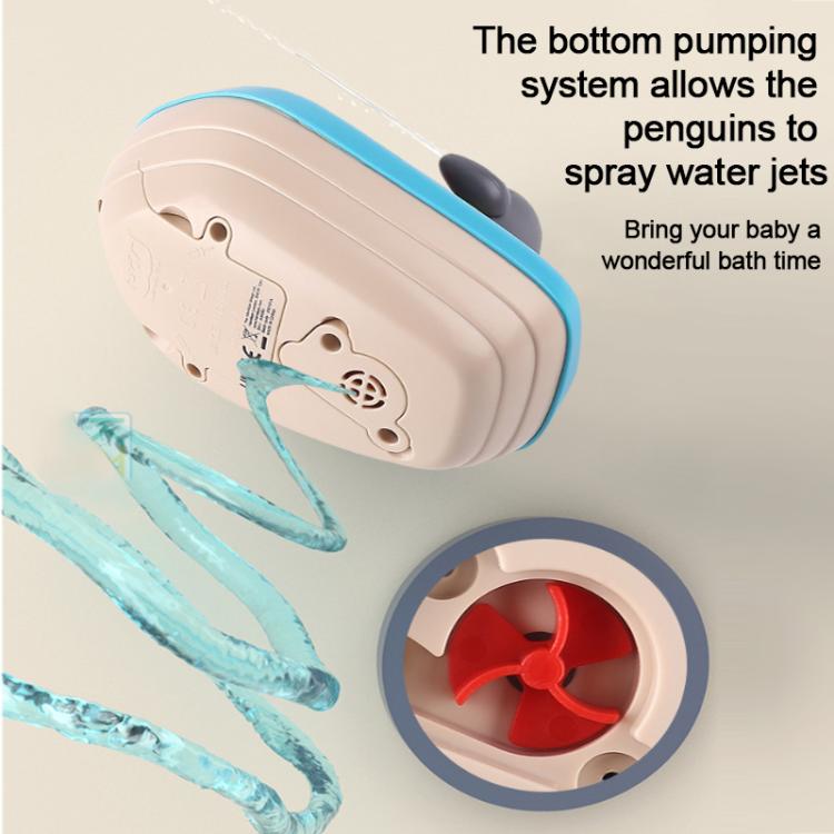 Underside of penguin boat bath toy with bottom water-pumping wheel for spray jets