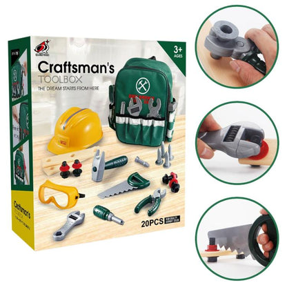 Green kids tool bag with pretend tools, yellow helmet, and saw pieces in set