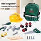 Green tool backpack with tools laid out and yellow hard hat; multi-function set