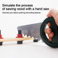 Hand saw toy with plastic blade and wood base, grasped by hand; pretend play