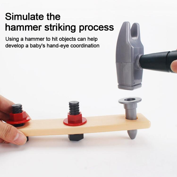 Toy hammer tool striking a wooden board with red pegs; pretend play set