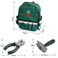 Green fabric tool backpack with size diagram and tool silhouettes; kids tool set