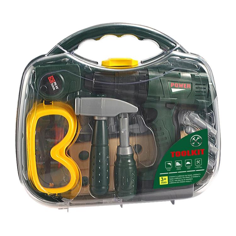 Children's electric drill tool set in clear case with green drill and yellow grip