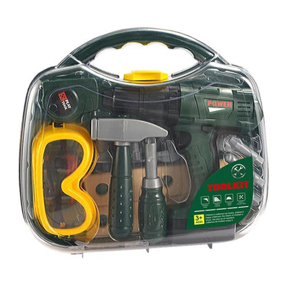 Children's electric drill tool set in clear case with green drill and yellow grip