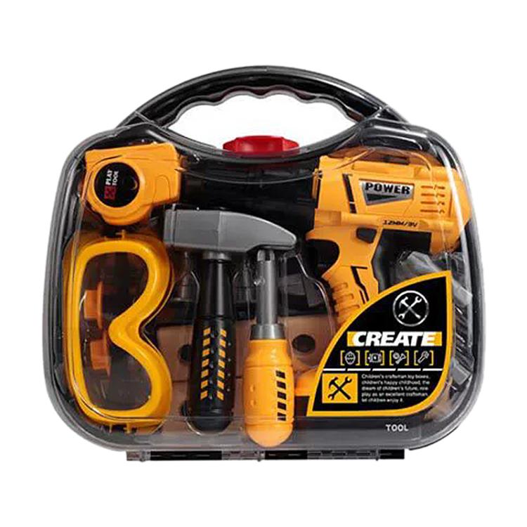 Children's electric drill tool set in clear case with yellow drill and red switch