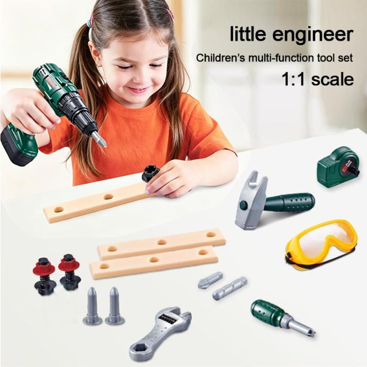 Children's electric drill tool set with green drill toy and wooden play pieces