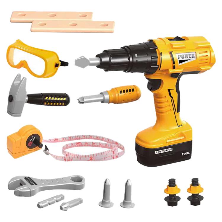 Children's electric drill toy with yellow body and assorted gray accessory tools