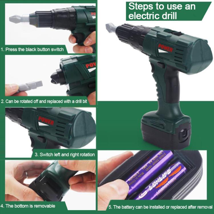 Green cordless electric drill toy with step-by-step use diagrams