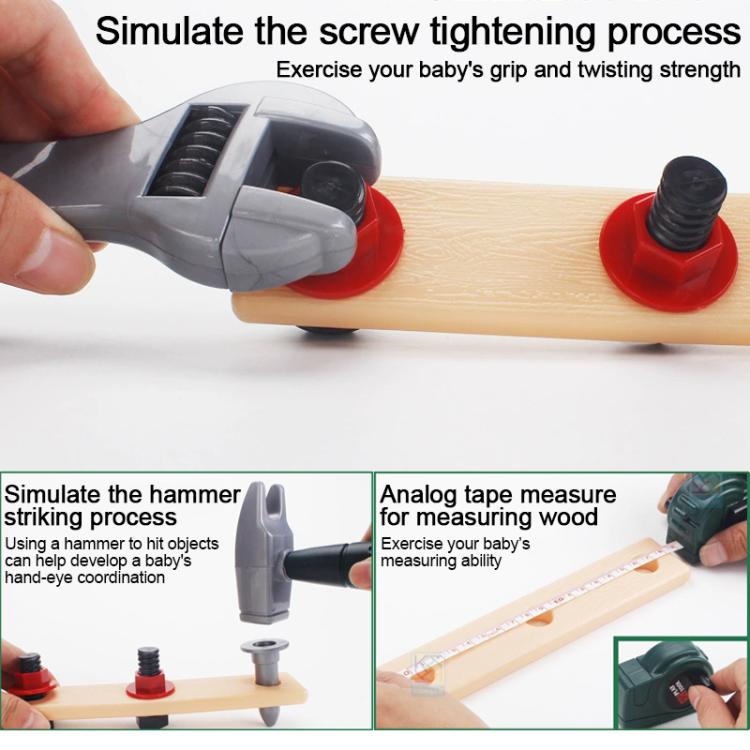 Children's tool set toy drill with hammer and tape measure accessories on wood