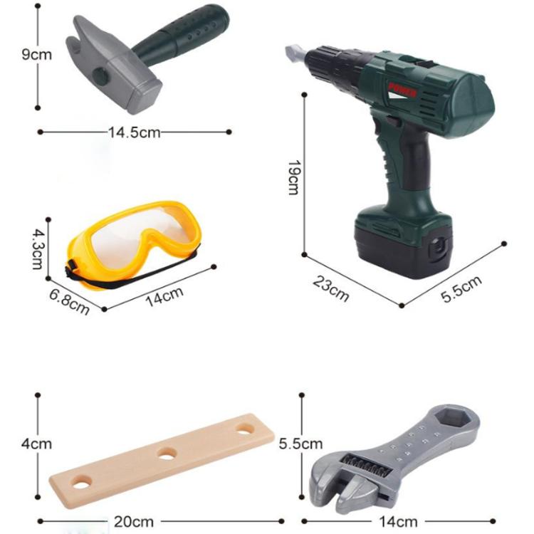 Toy electric drill and safety goggles with accessory size diagram