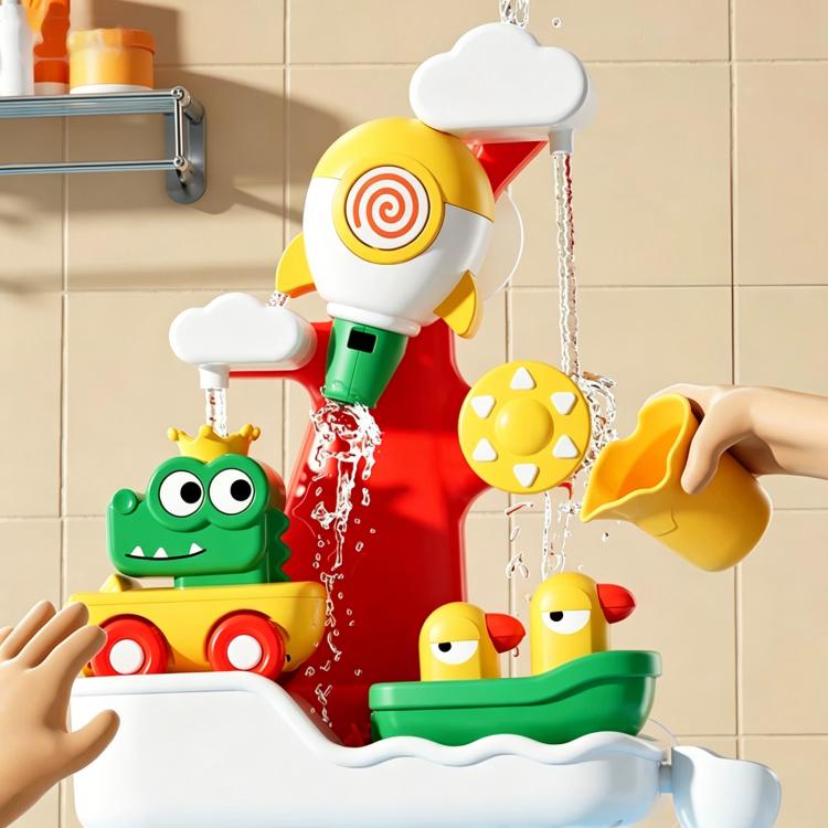 Shower duck bath toy spraying water over floating crocodile and star accessories