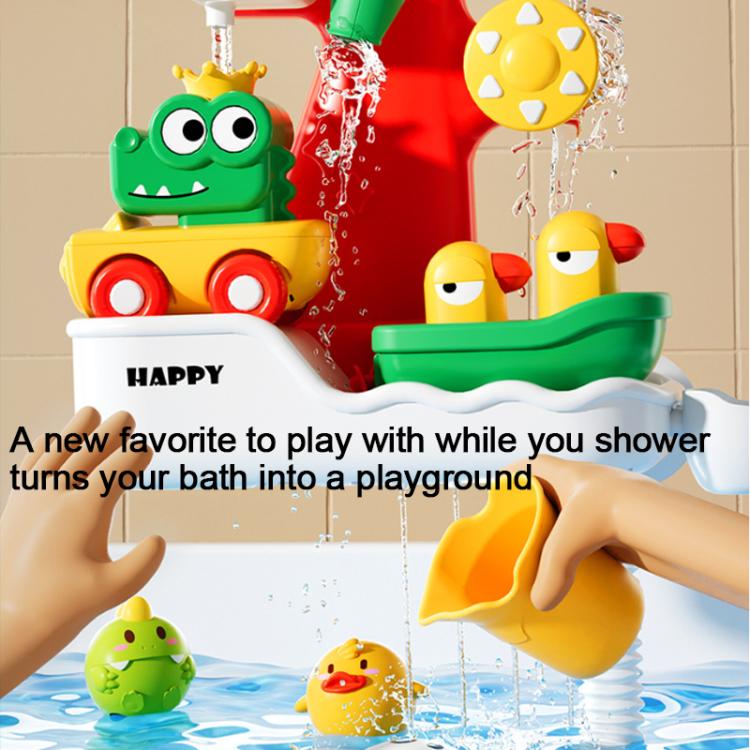 Baby bath play shower duck toy with red sprayer and water stream into the tub