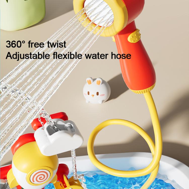 Red handheld shower duck with adjustable flexible hose spraying water over tub toys