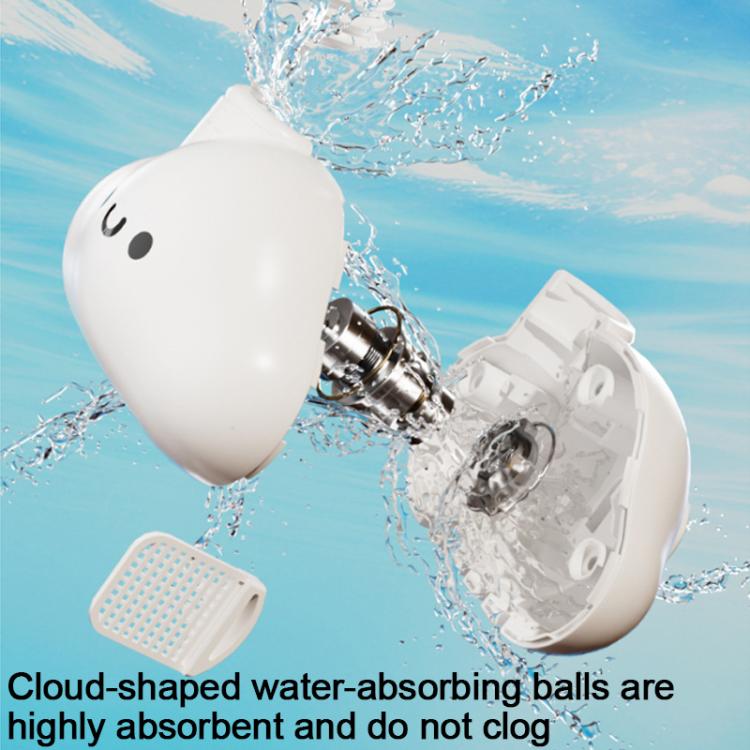 Cloud-shaped water-absorbing balls inside white shower duck unit releasing water