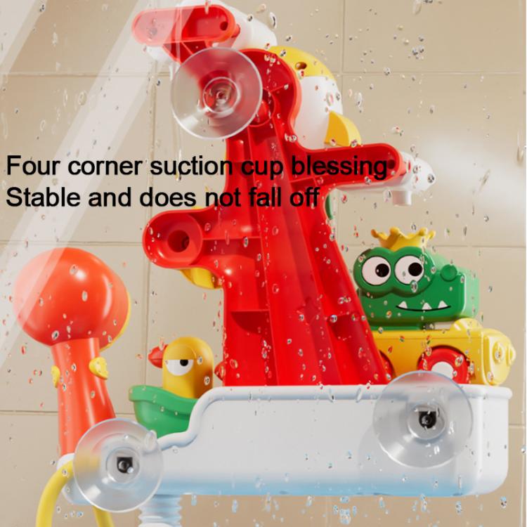 Bath water play duck launcher toy with suction cups and red water-slide base