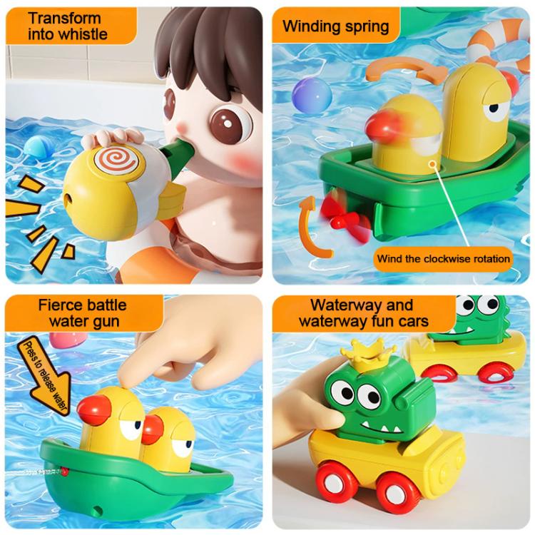 Wind-up bath duck boat toy with yellow duck, crocodile head, and waterway track