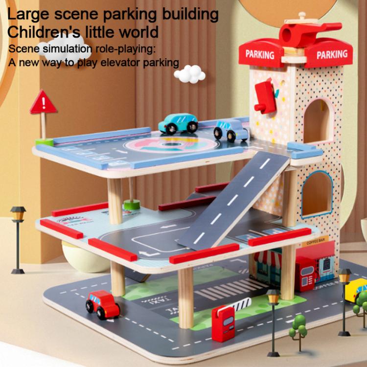 3-tier parking lot playset with red tower building, blue road surfaces, and toy cars