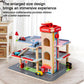 3-tier wooden parking lot playset with tall red tower, ramps, and toy cars