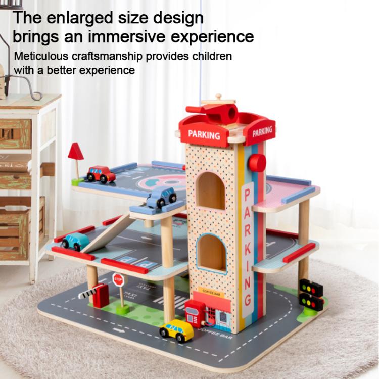 3-tier wooden parking lot playset with tall red tower, ramps, and toy cars