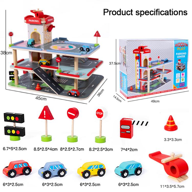 Wooden parking lot playset diagram showing multi-level ramps, signs, and toy cars