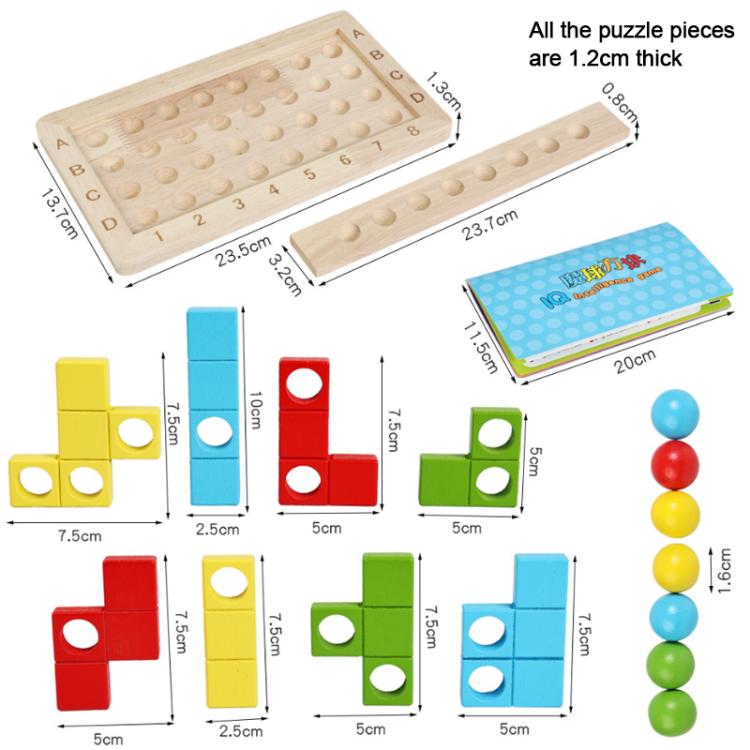Wooden peg-board magic cube block puzzle with dimension guide and colored pieces