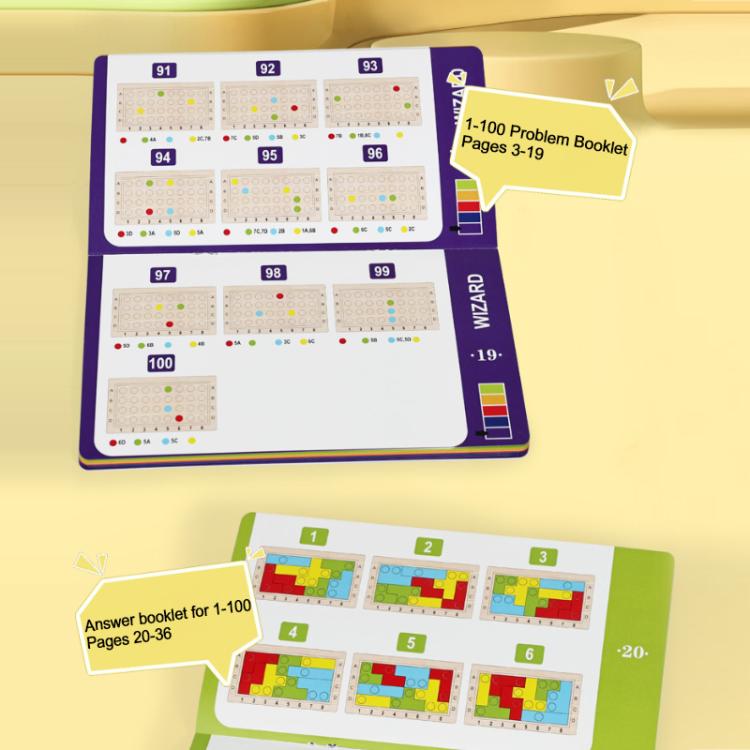 Puzzle problem booklet and answer booklet pages for the magic cube block set