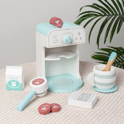 Children's wooden coffee machine toy with cups, milk box, sugar box, and play coins