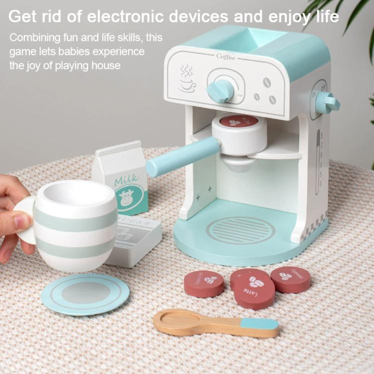Children's wooden coffee machine toy with hand holding cup, plus milk and sugar accessories
