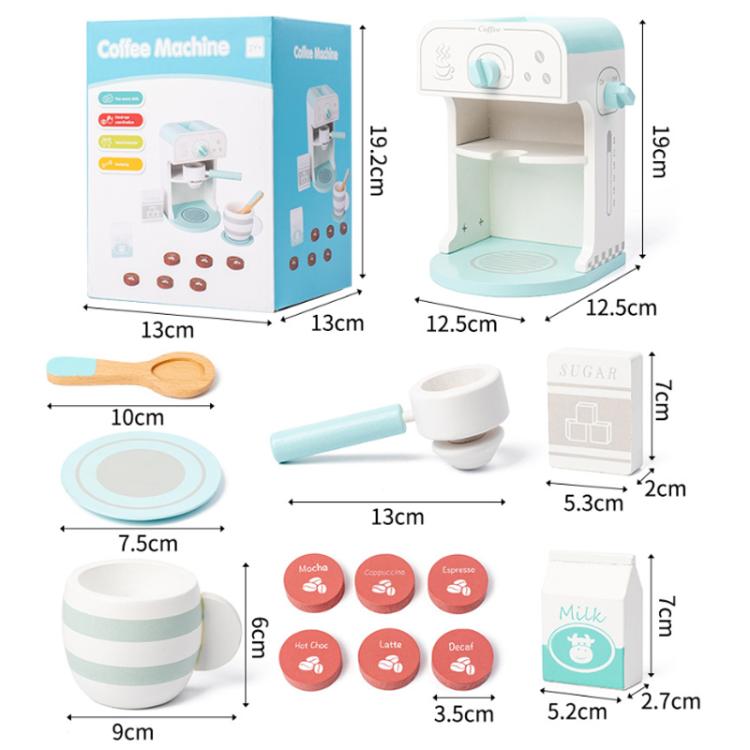 Children's coffee machine toy size chart with dimensions for parts and accessories