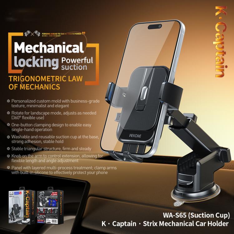 Mechanical car phone holder with black clamp and suction cup base, phone mounted