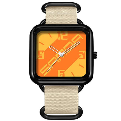 Square casual quartz watch with black bezel, orange patterned dial, beige nylon strap