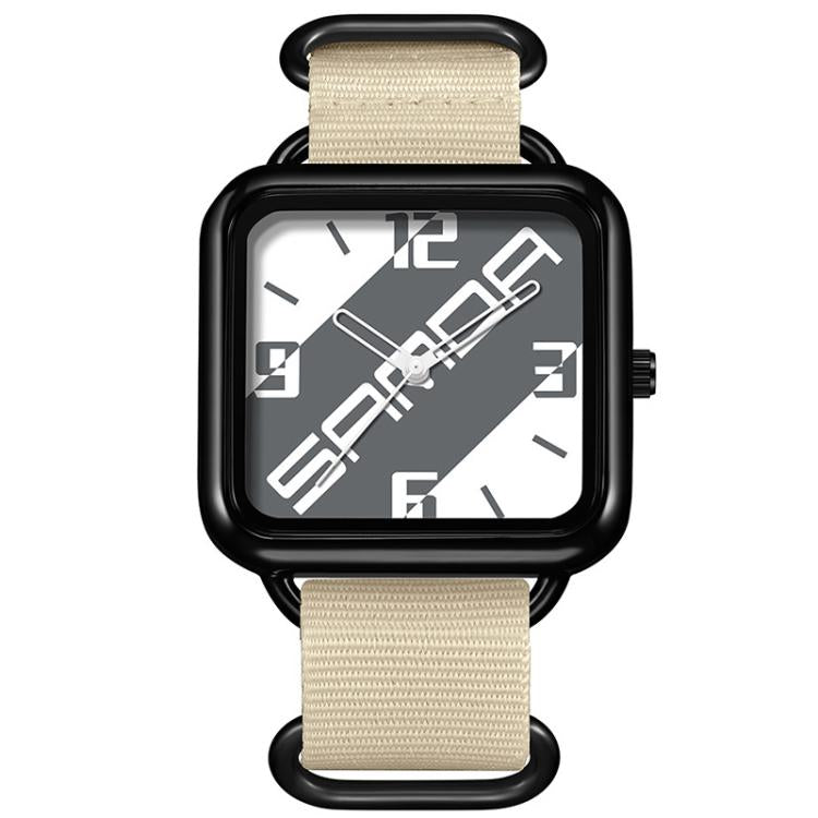 Square casual quartz watch with black bezel, white patterned dial, beige nylon strap